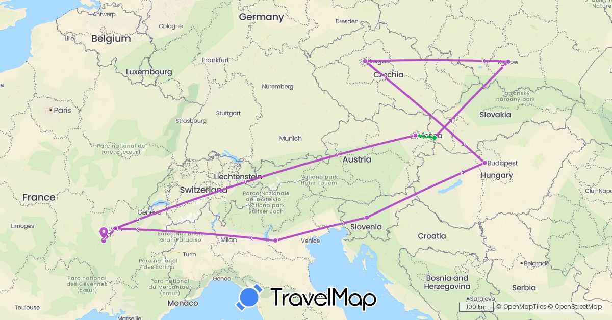 TravelMap itinerary: driving, bus, train in Austria, Czech Republic, France, Hungary, Italy, Poland, Slovenia, Slovakia (Europe)